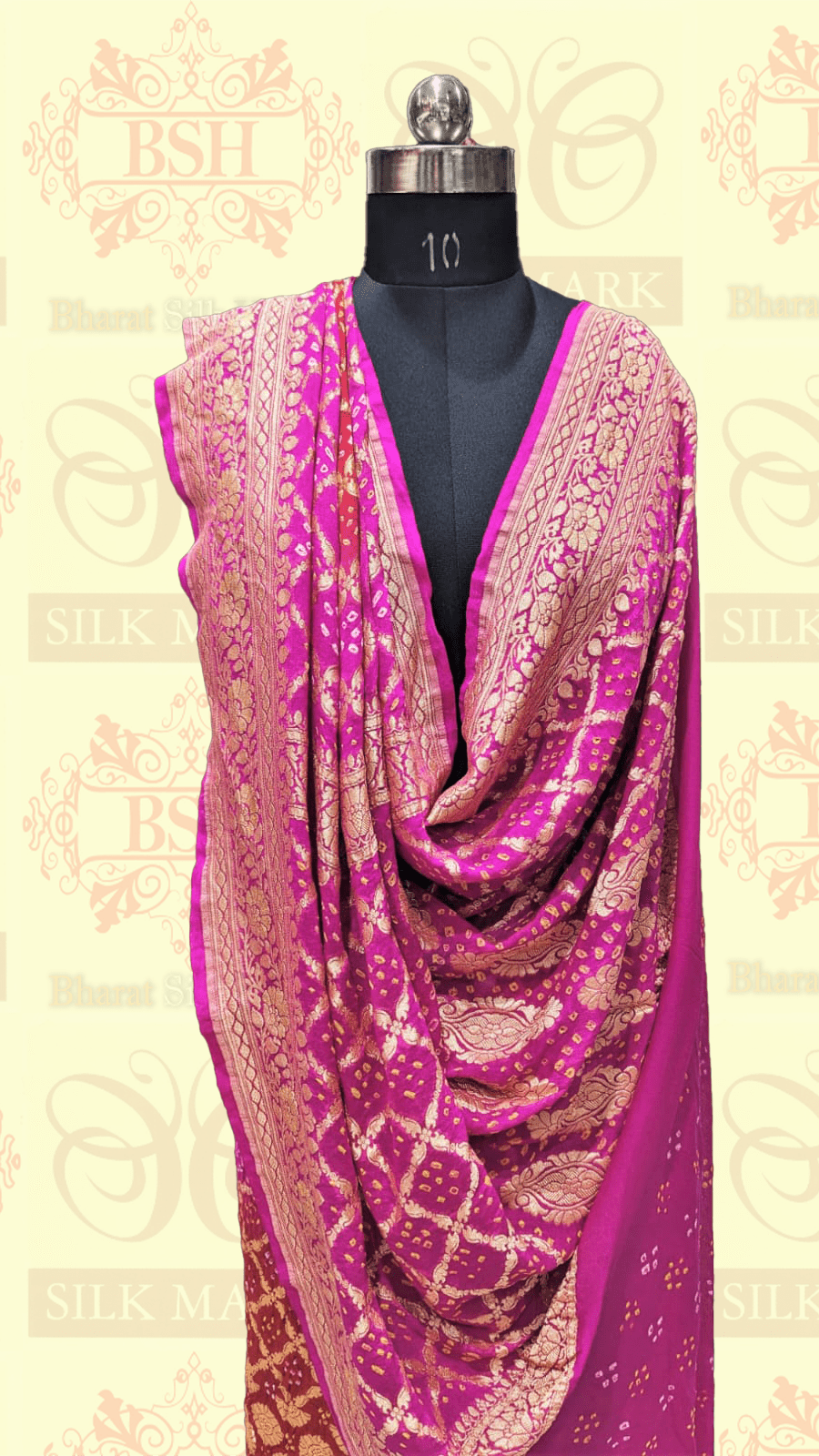 Pure Georgette Handloom Banarasi Bandhej Saaree In Dual Shades Of Red/Pink Bandhej Bharat Silk House