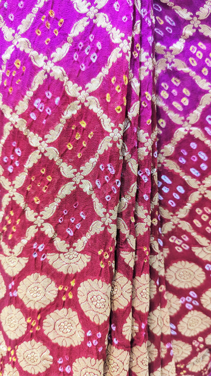 Pure Georgette Handloom Banarasi Bandhej Saaree In Dual Shades Of Red/Pink Bandhej Bharat Silk House