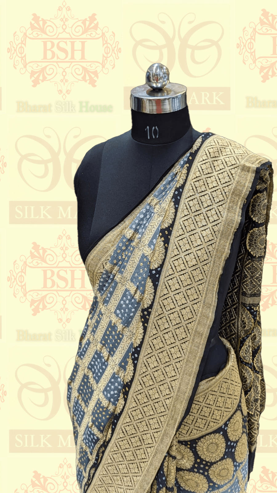 Pure Georgette Handloom Banarasi Bandhej Saree In Dual Shades Of Black/Grey Bandhej Bharat Silk House