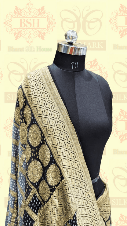 Pure Georgette Handloom Banarasi Bandhej Saree In Dual Shades Of Black/Grey Bandhej Bharat Silk House