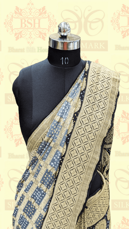 Pure Georgette Handloom Banarasi Bandhej Saree In Dual Shades Of Black/Grey Bandhej Bharat Silk House