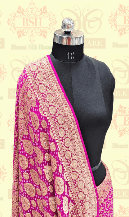 Pure Georgette Handloom Banarasi Bandhej Saree In Shades Of Pink Bandhej Bharat Silk House