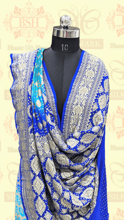 Pure Georgette Handloom Bandhej Banarasi Saree In Dual Shades Of Royal Blue Bandhej Bharat Silk House