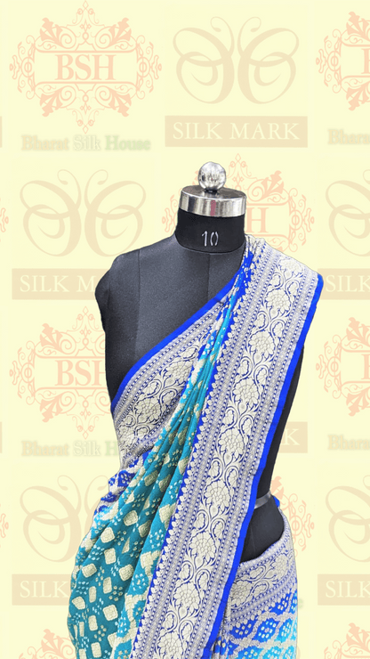 Pure Georgette Handloom Bandhej Banarasi Saree In Dual Shades Of Royal Blue Bandhej Bharat Silk House