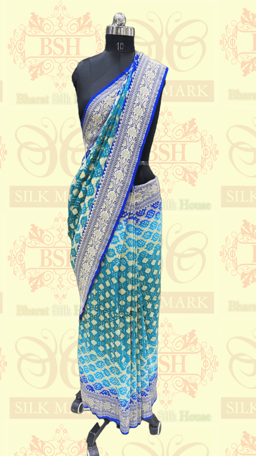 Pure Georgette Handloom Bandhej Banarasi Saree In Dual Shades Of Royal Blue Bandhej Bharat Silk House