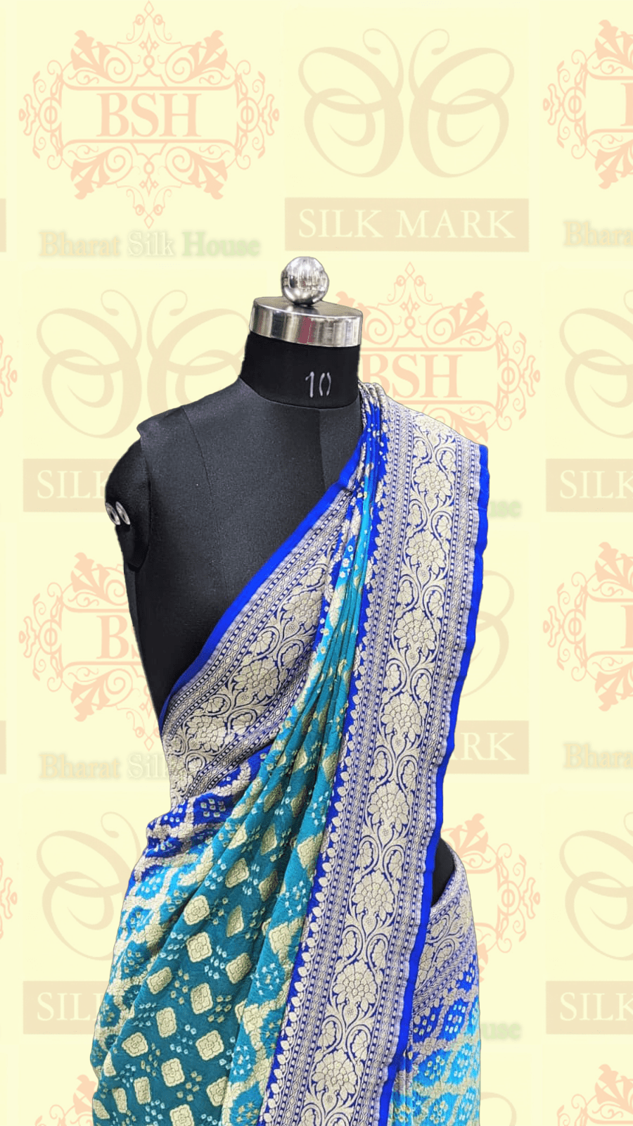 Pure Georgette Handloom Bandhej Banarasi Saree In Dual Shades Of Royal Blue Bandhej Bharat Silk House