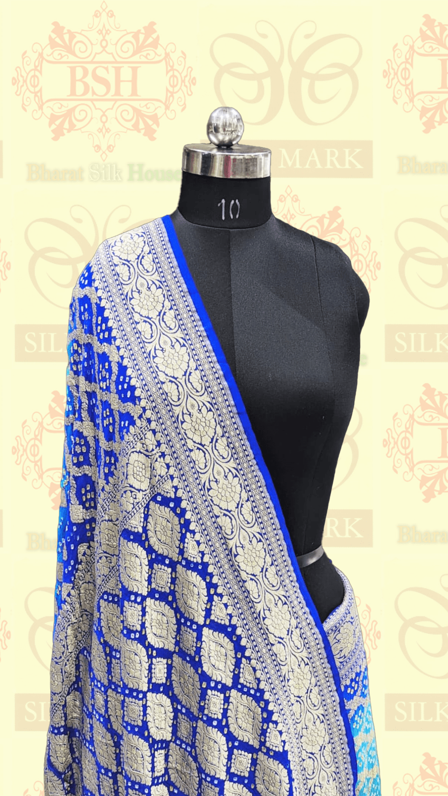 Pure Georgette Handloom Bandhej Banarasi Saree In Dual Shades Of Royal Blue Bandhej Bharat Silk House