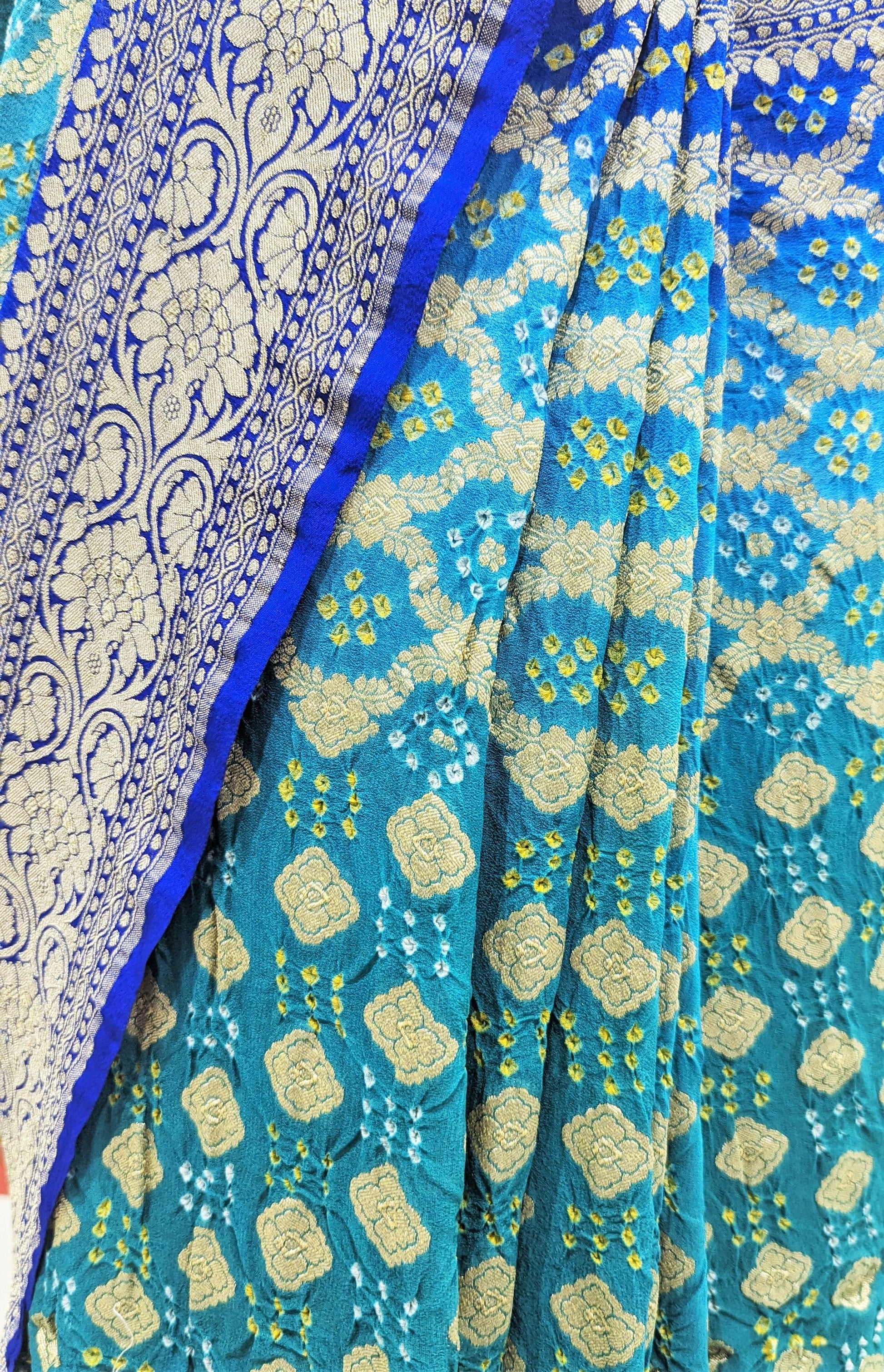 Pure Georgette Handloom Bandhej Banarasi Saree In Dual Shades Of Royal Blue Bandhej Bharat Silk House