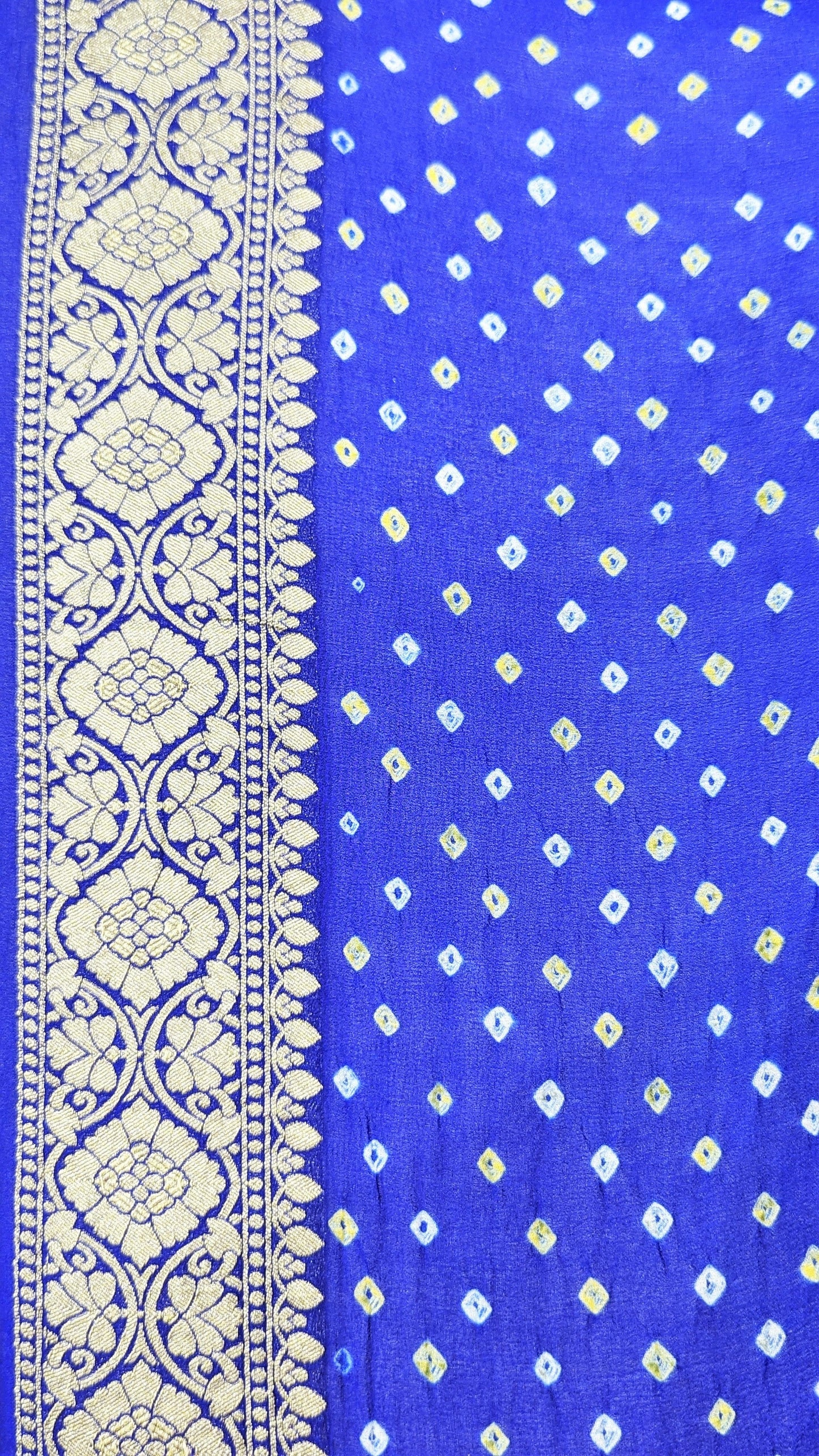 Pure Georgette Handloom Bandhej Banarasi Saree In Dual Shades Of Royal Blue Bandhej Bharat Silk House