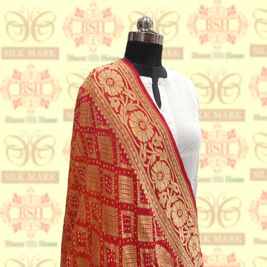 Red Georgette Banarasi Handloom Bandhani Dupatta Bandhej Bharat Silk House