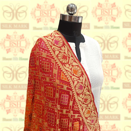 Red/Orange Georgette Banarasi Handloom Meenakari Bandhani Dupatta Bandhej Bharat Silk House