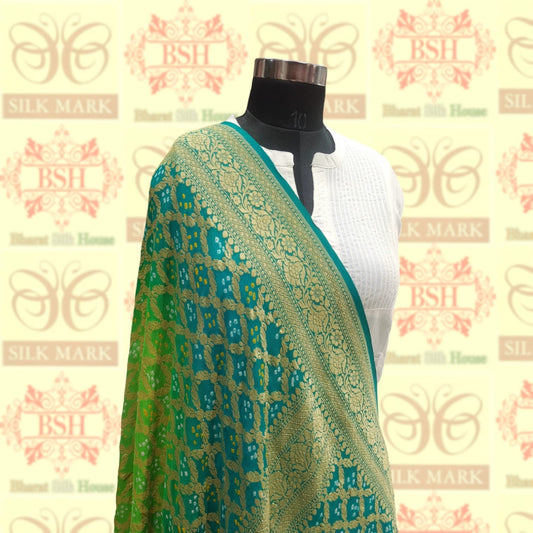 Sky Blue/Parrot Green Pure Georgette Banarasi Handloom Bandhani Dupatta Bandhej Bharat Silk House