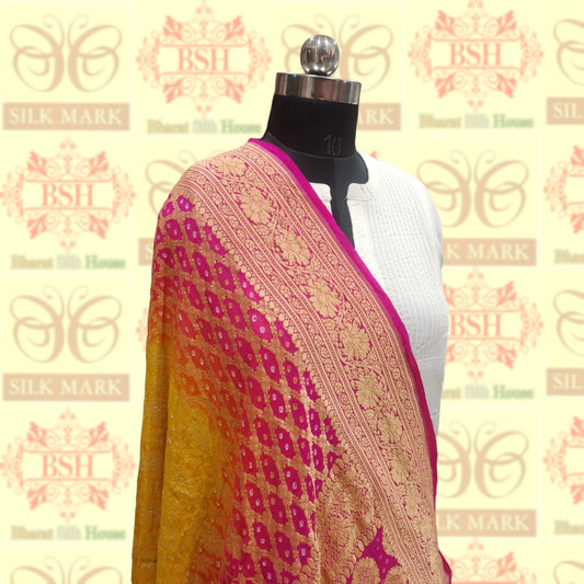 Yellow/Pink Pure Georgette Banarasi Handloom Bandhani Dupatta Bandhej Bharat Silk House