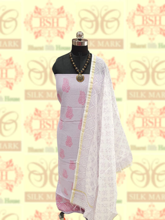 Lavender Color Pure Cotton Block Printed 2pcs Unstitched Suitsets Cotton Bharat Silk House