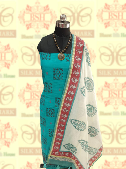 Pine Green Pure Cotton Block Print Unstitched Suitset Cotton Bharat Silk House