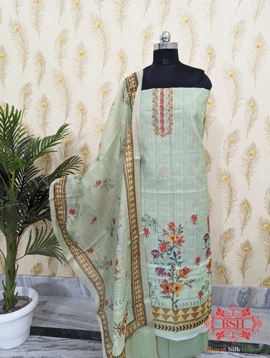 Pista Green Digital Floral Print Cotton Suit Piece Cotton Bharat Silk House