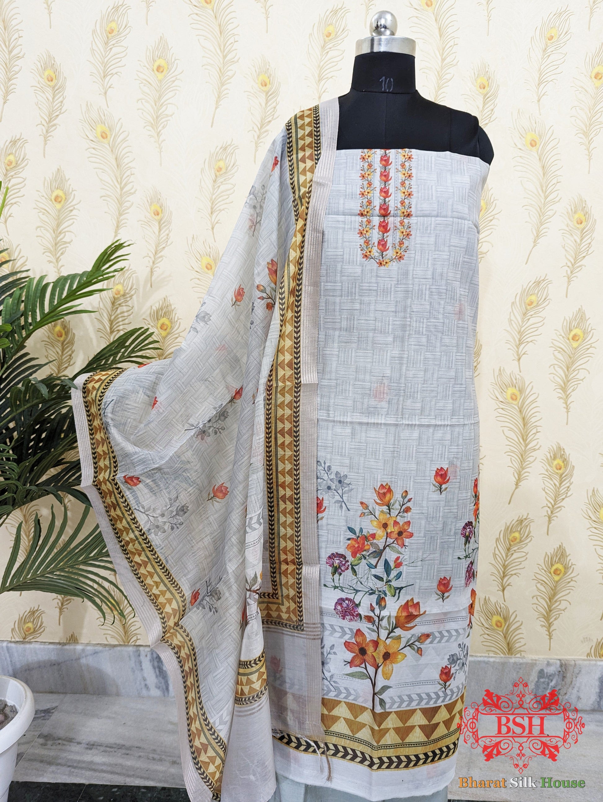 Powder Blue Digital Floral Print Cotton Suit Piece Cotton Bharat Silk House