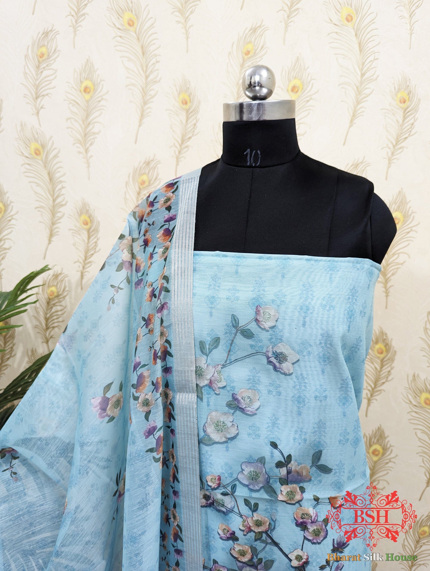 Powder Blue Digital Floral Print Suit Piece Cotton Bharat Silk House