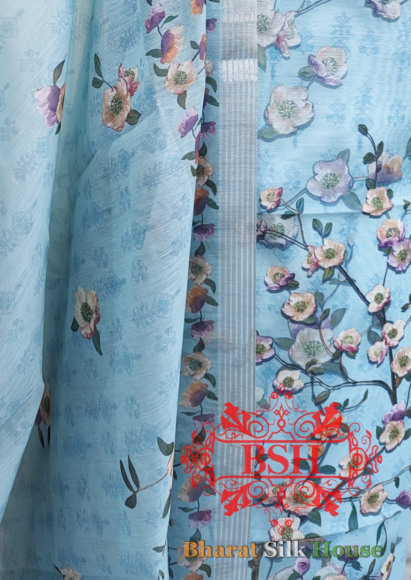 Powder Blue Digital Floral Print Suit Piece Cotton Bharat Silk House