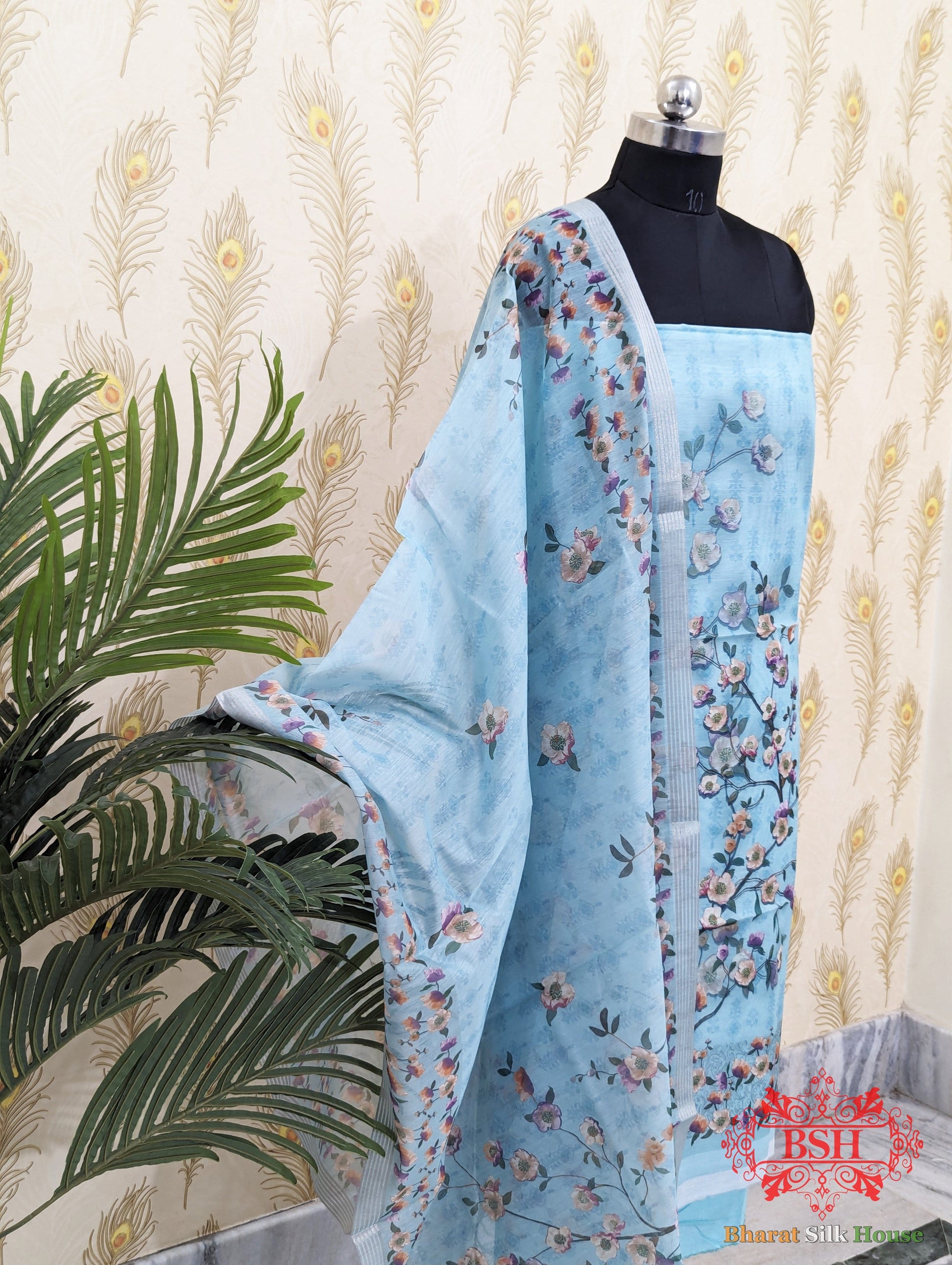 Powder Blue Digital Floral Print Suit Piece Cotton Bharat Silk House