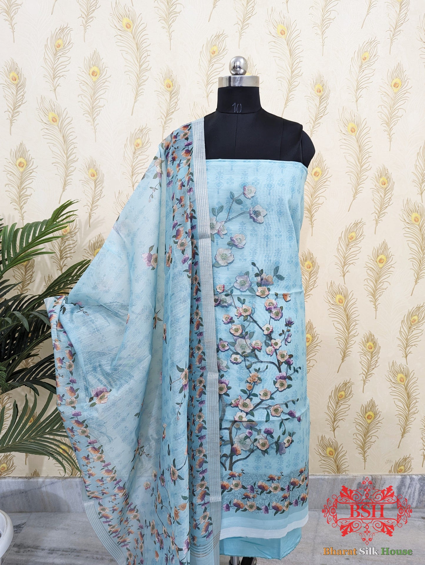 Powder Blue Digital Floral Print Suit Piece Cotton Bharat Silk House