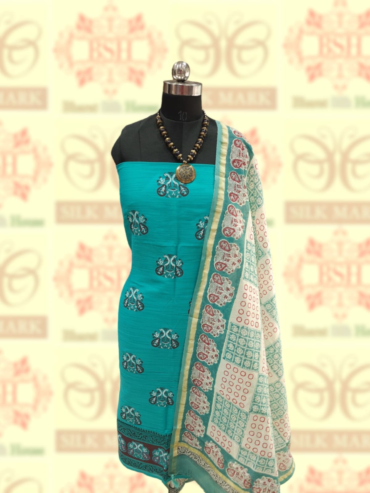 Rama Green Pure Cotton Block Print Unstitched Suitset Cotton Bharat Silk House