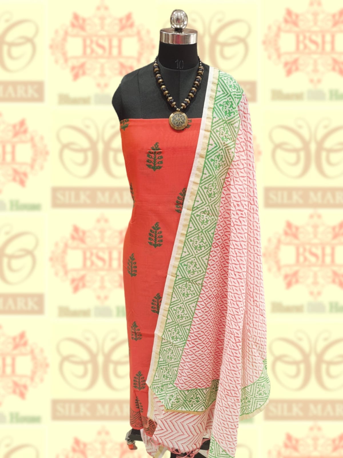 Red Cotton Block Printed With Dupatta Unstitched Suitset Cotton Bharat Silk House