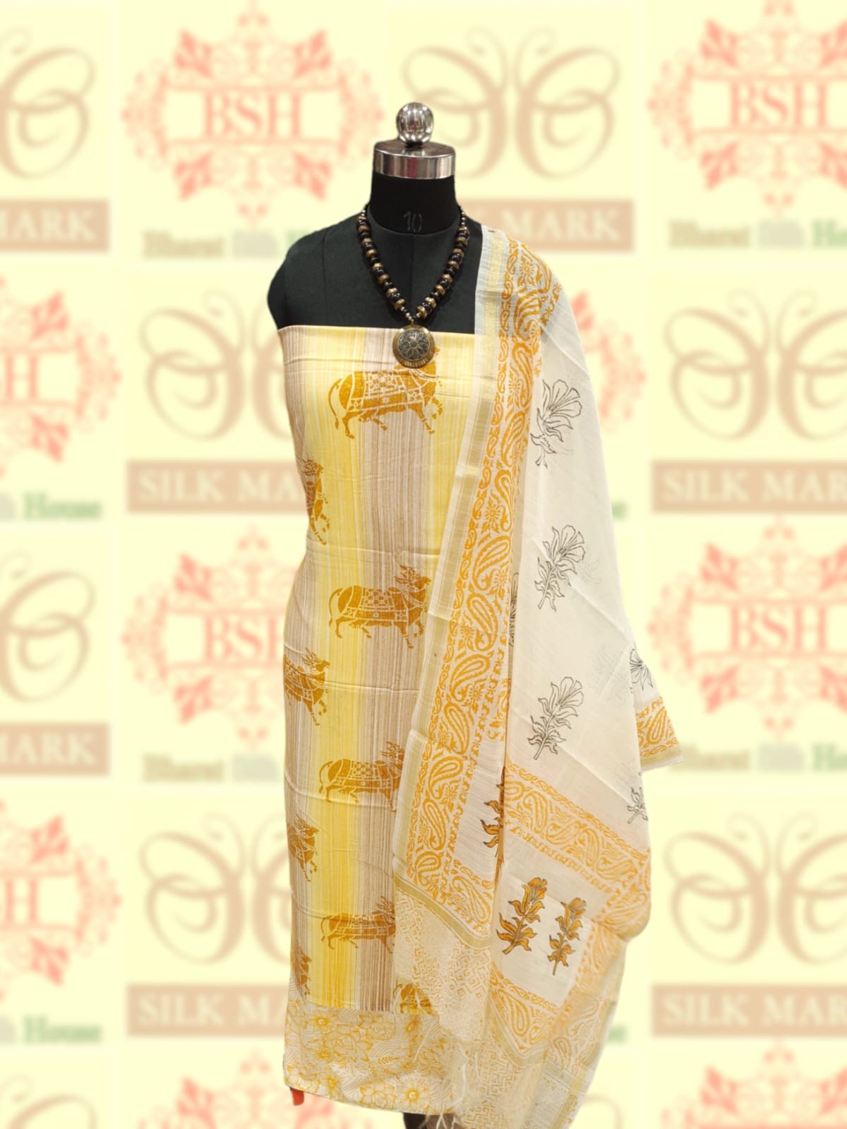 Shade Of Yellow Pure Cotton Block Print Unstitched Suit Set Cotton Bharat Silk House