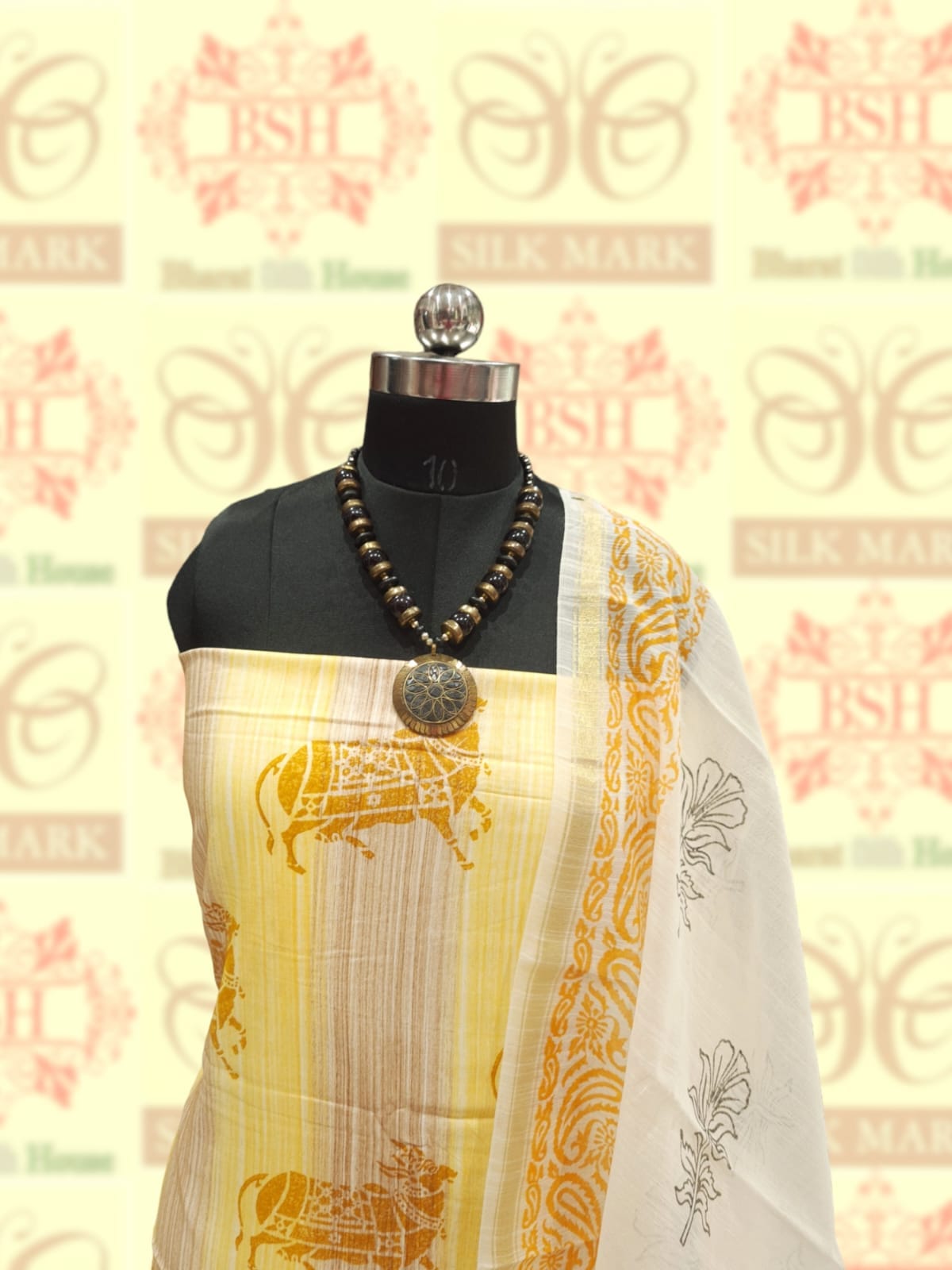 Shade Of Yellow Pure Cotton Block Print Unstitched Suit Set Cotton Bharat Silk House