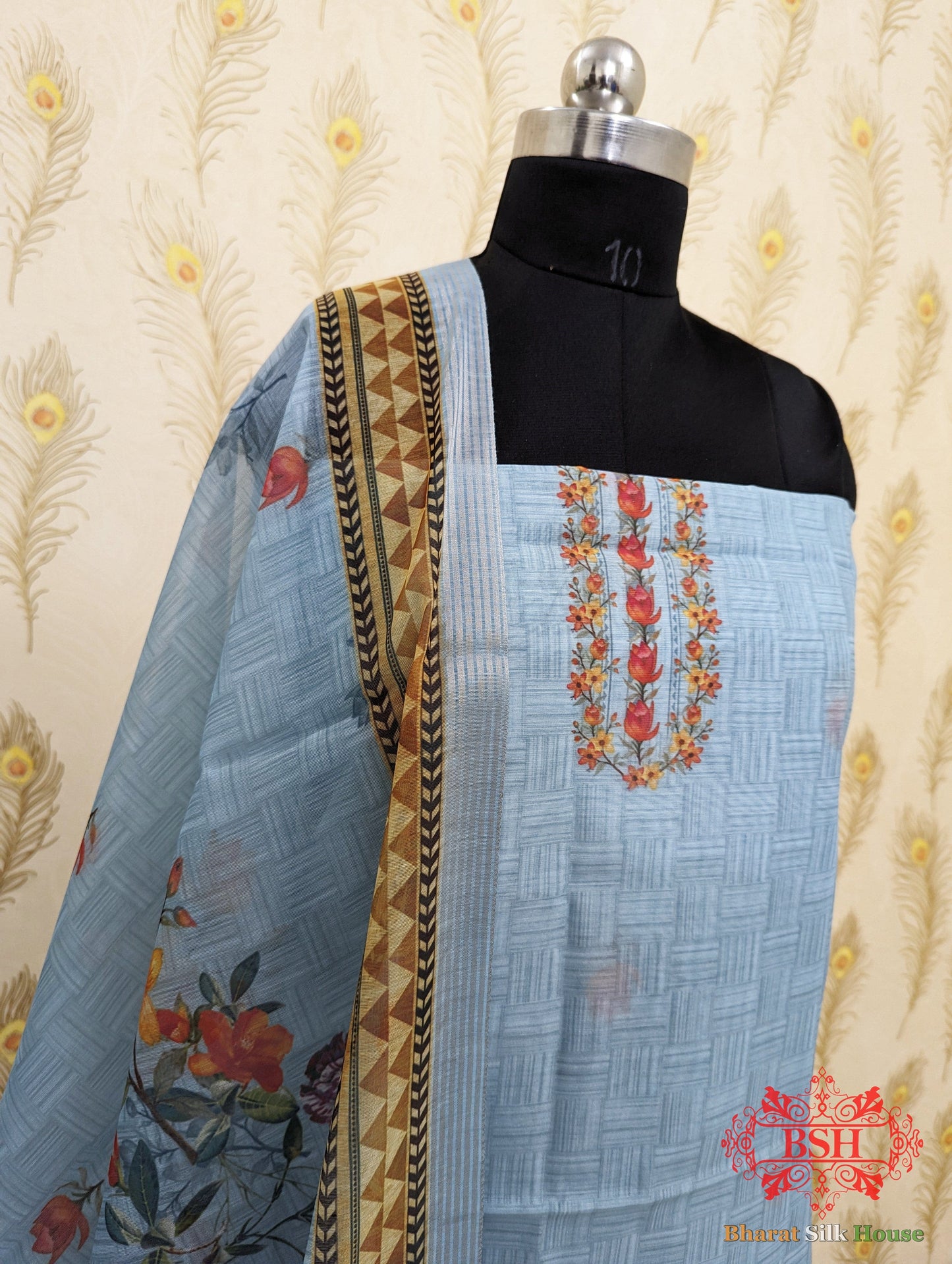 Sky Blue Digital Floral Print Cotton Suit Piece Cotton Bharat Silk House