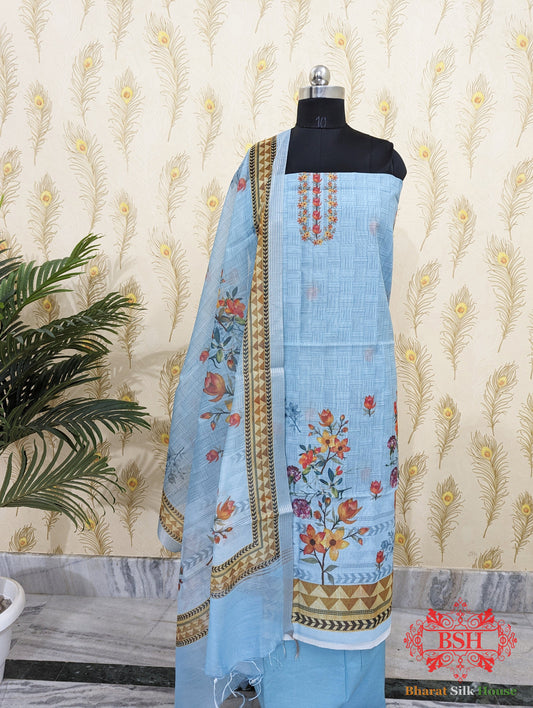 Sky Blue Digital Floral Print Cotton Suit Piece Cotton Bharat Silk House