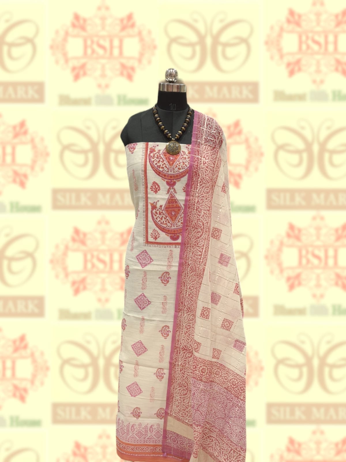 White Pure Cotton Printed Unstitched Suitset Cotton Bharat Silk House