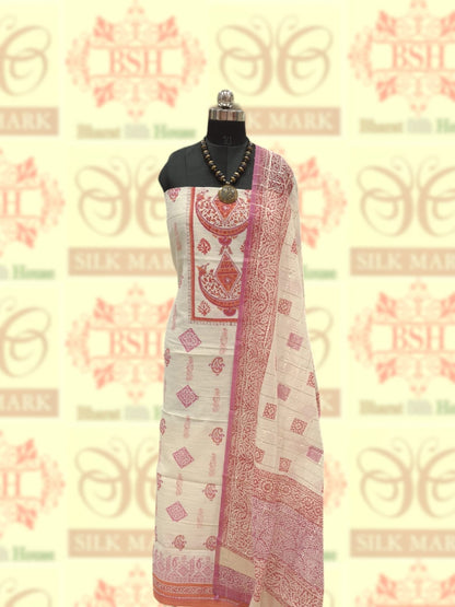 White Pure Cotton Printed Unstitched Suitset Cotton Bharat Silk House