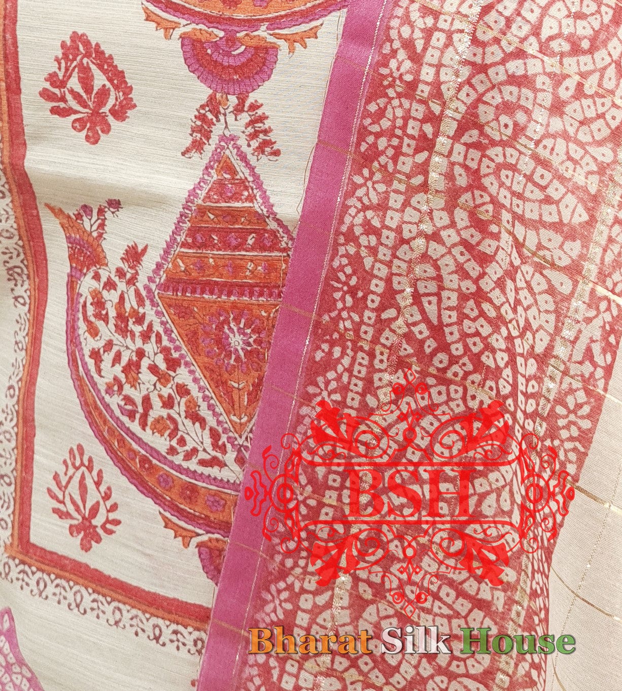 White Pure Cotton Printed Unstitched Suitset Cotton Bharat Silk House