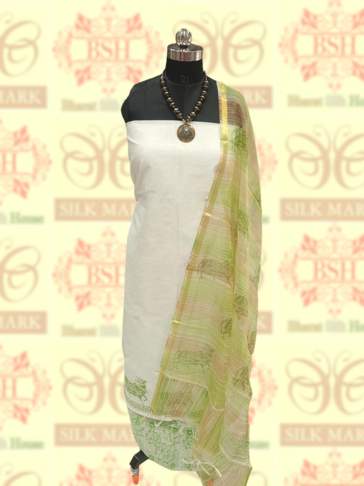 White With Green Color Pure Cotton Block Print Unstitched Suitset Cotton Bharat Silk House