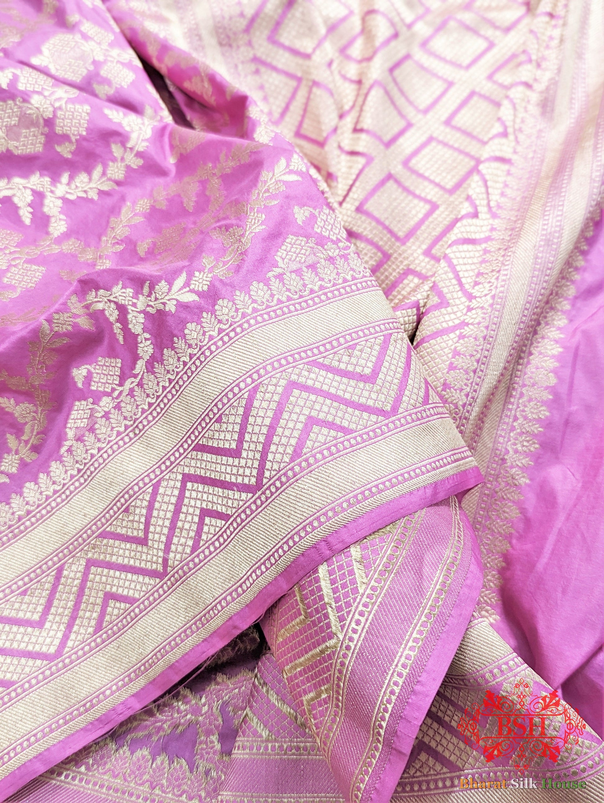 Handloom Banaraasi Pure Kataan Silk Saree Floral JaalcIn Shades Of Rani Pure Kataan Silk Bharat Silk House