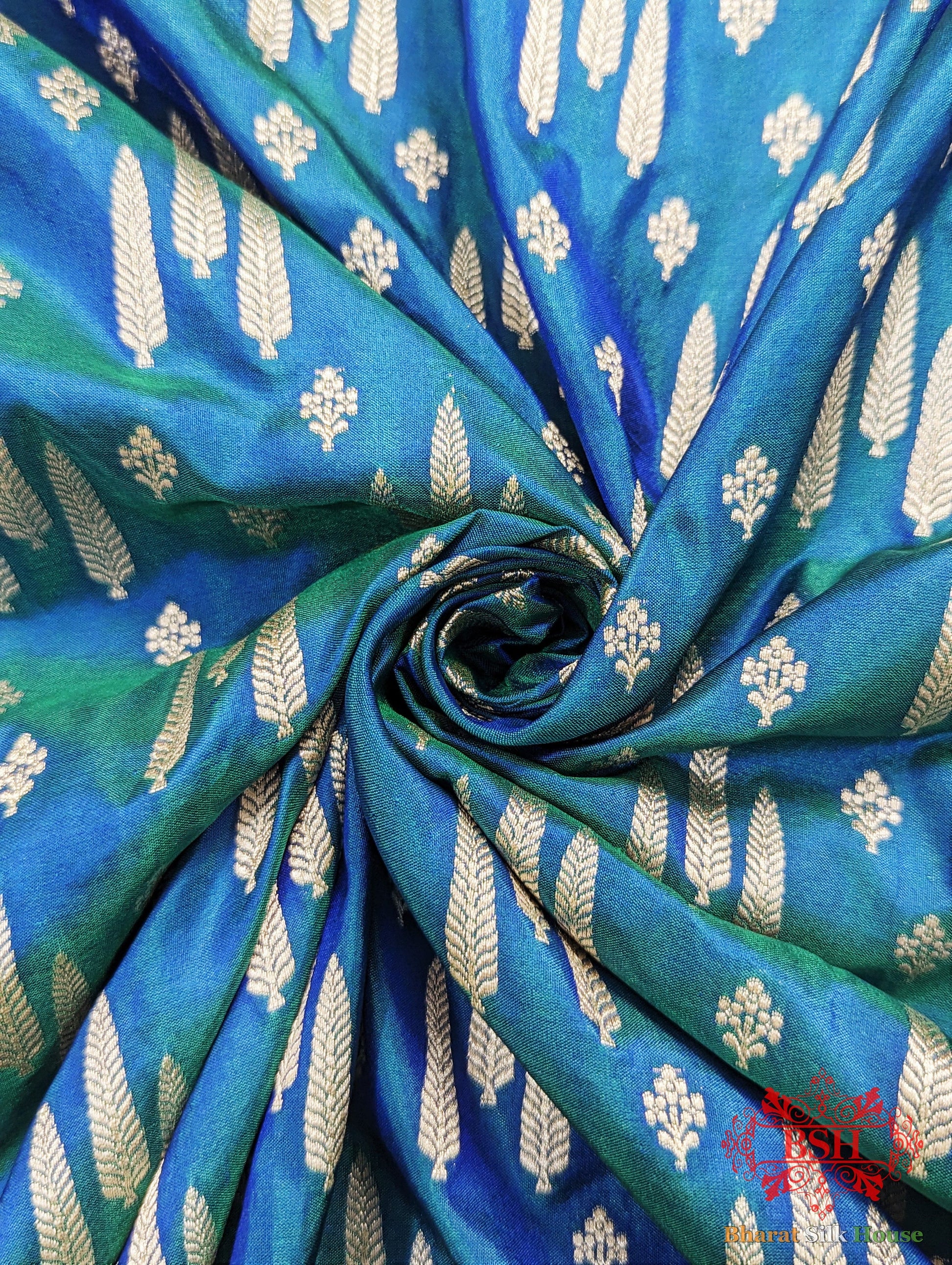 Handloom Banarasi Pure Katan Silk Floral Booti In Shades Of Peacock Pure Kataan Silk Bharat Silk House