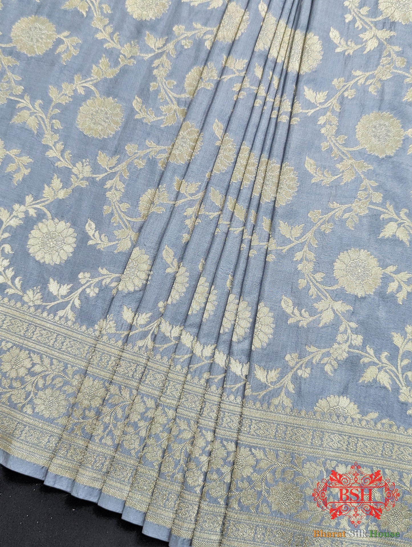 Handloom Banarasi Pure Katan Silk Floral Jaal Saree In Shades Of Grey Pure Kataan Silk Bharat Silk House