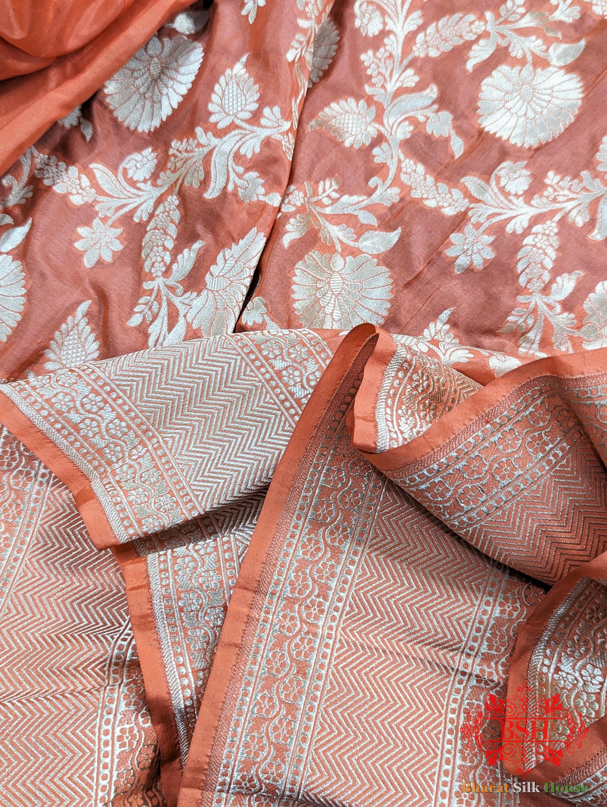 Handloom Banarasi Pure Katan Silk Floral Jaal Saree In Shades Of Peach Pure Kataan Silk Bharat Silk House