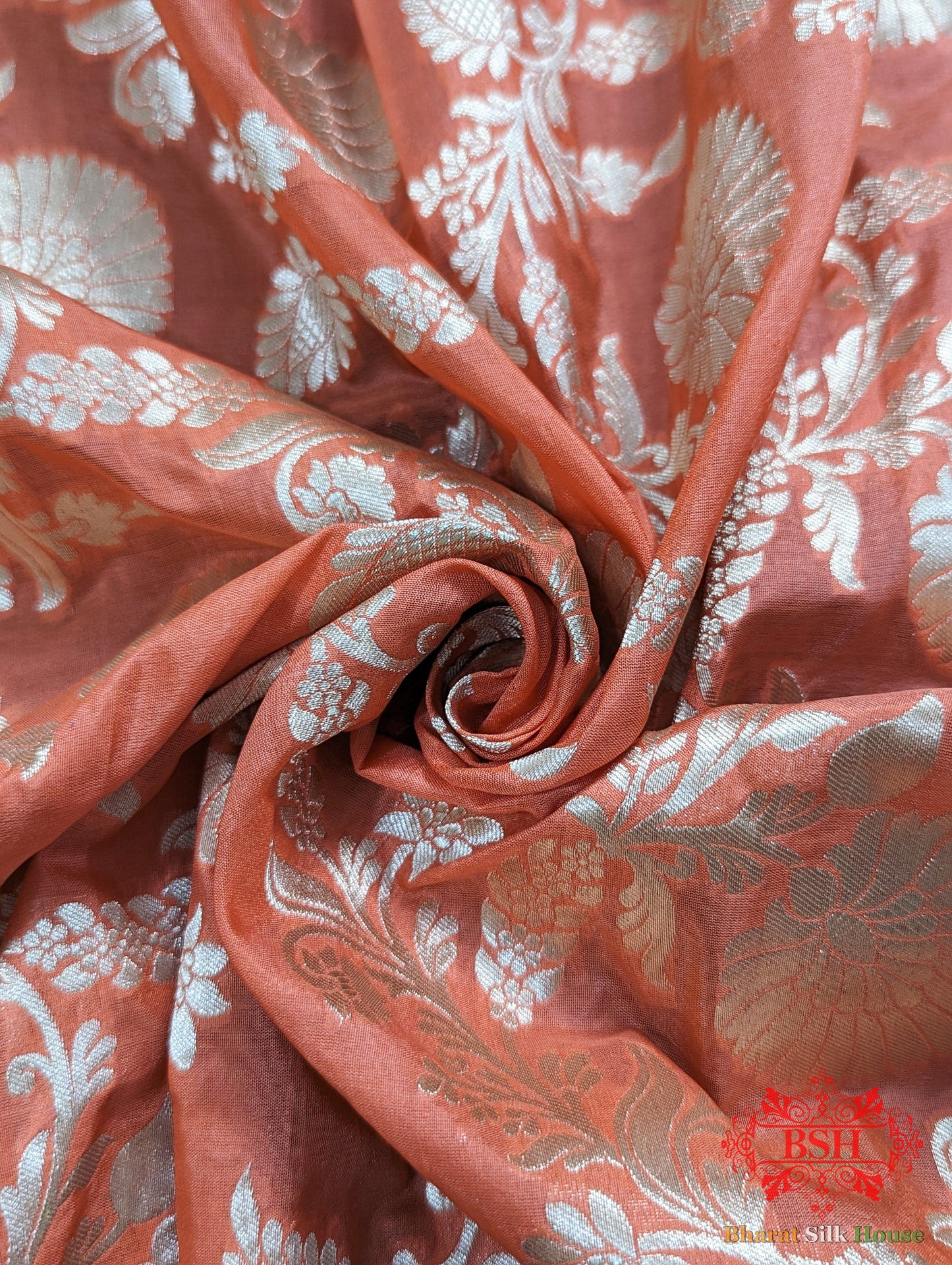 Handloom Banarasi Pure Katan Silk Floral Jaal Saree In Shades Of Peach Pure Kataan Silk Bharat Silk House