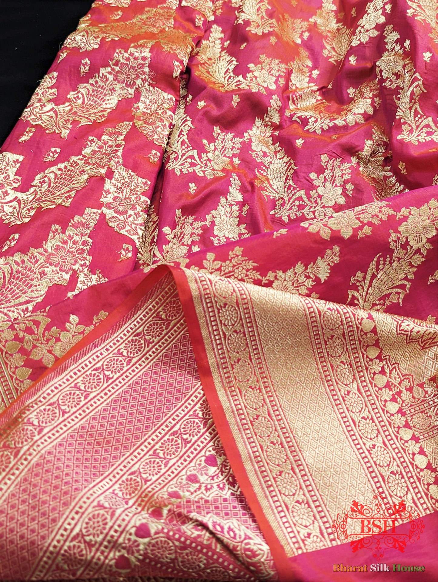 Handloom Banarasi Pure Katan Silk Opara Floral Jaal In Shades Of Rani Pure Kataan Silk Bharat Silk House