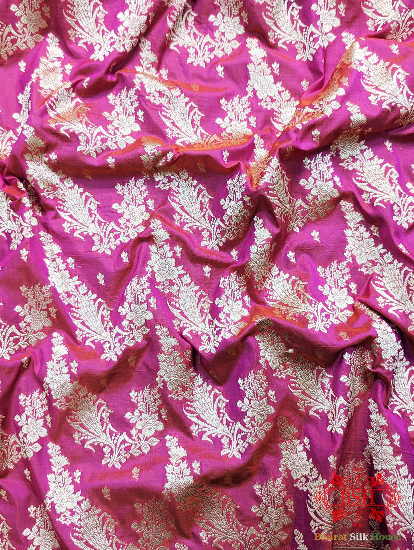 Handloom Banarasi Pure Katan Silk Opara Floral Jaal In Shades Of Rani Pure Kataan Silk Bharat Silk House