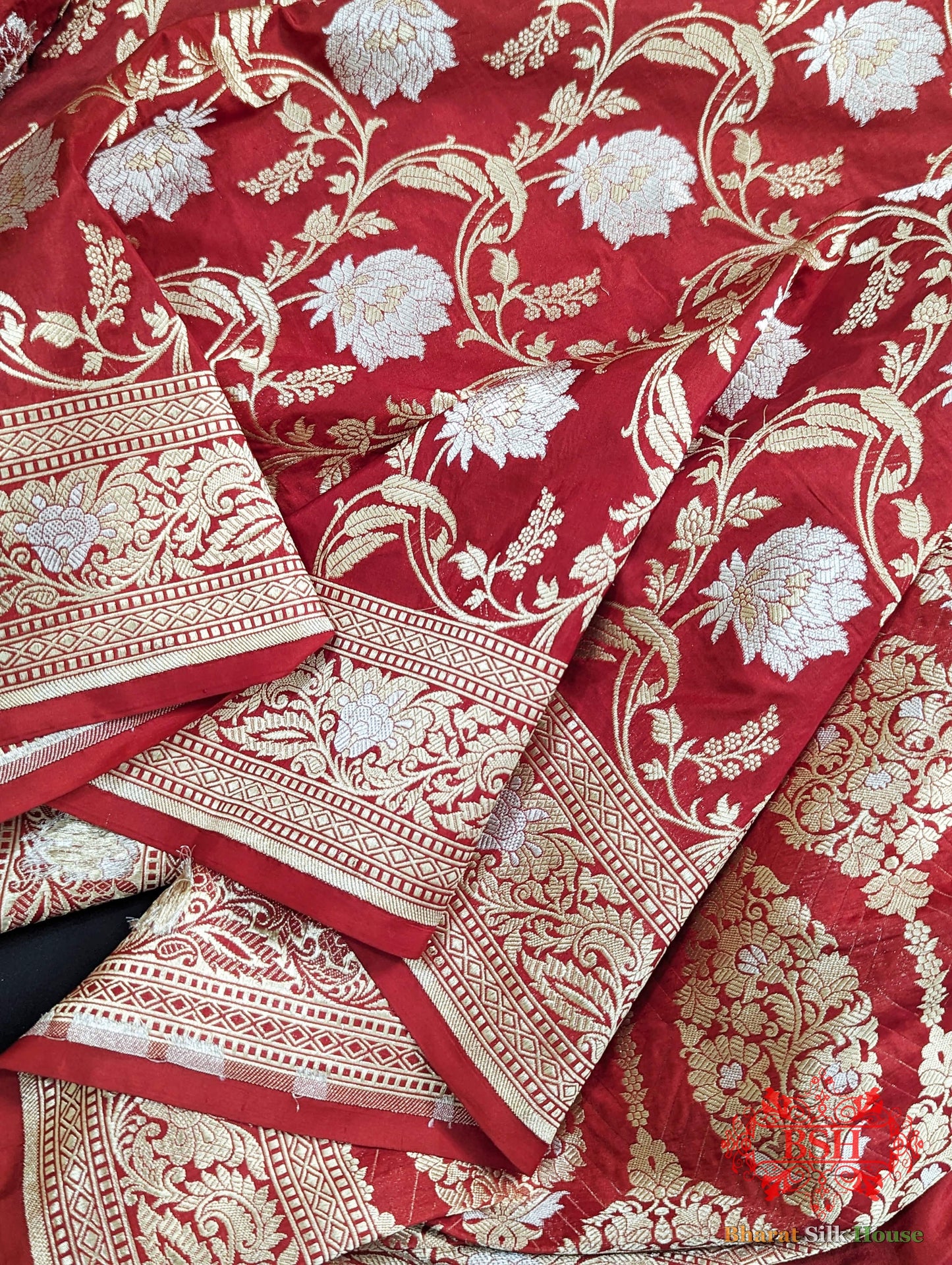 Handloom Banarasi Pure Katan Silk Opara Sona Rupa Dual Zari Saree Floral Jaal In Shades Of Red Pure Kataan Silk Bharat Silk House