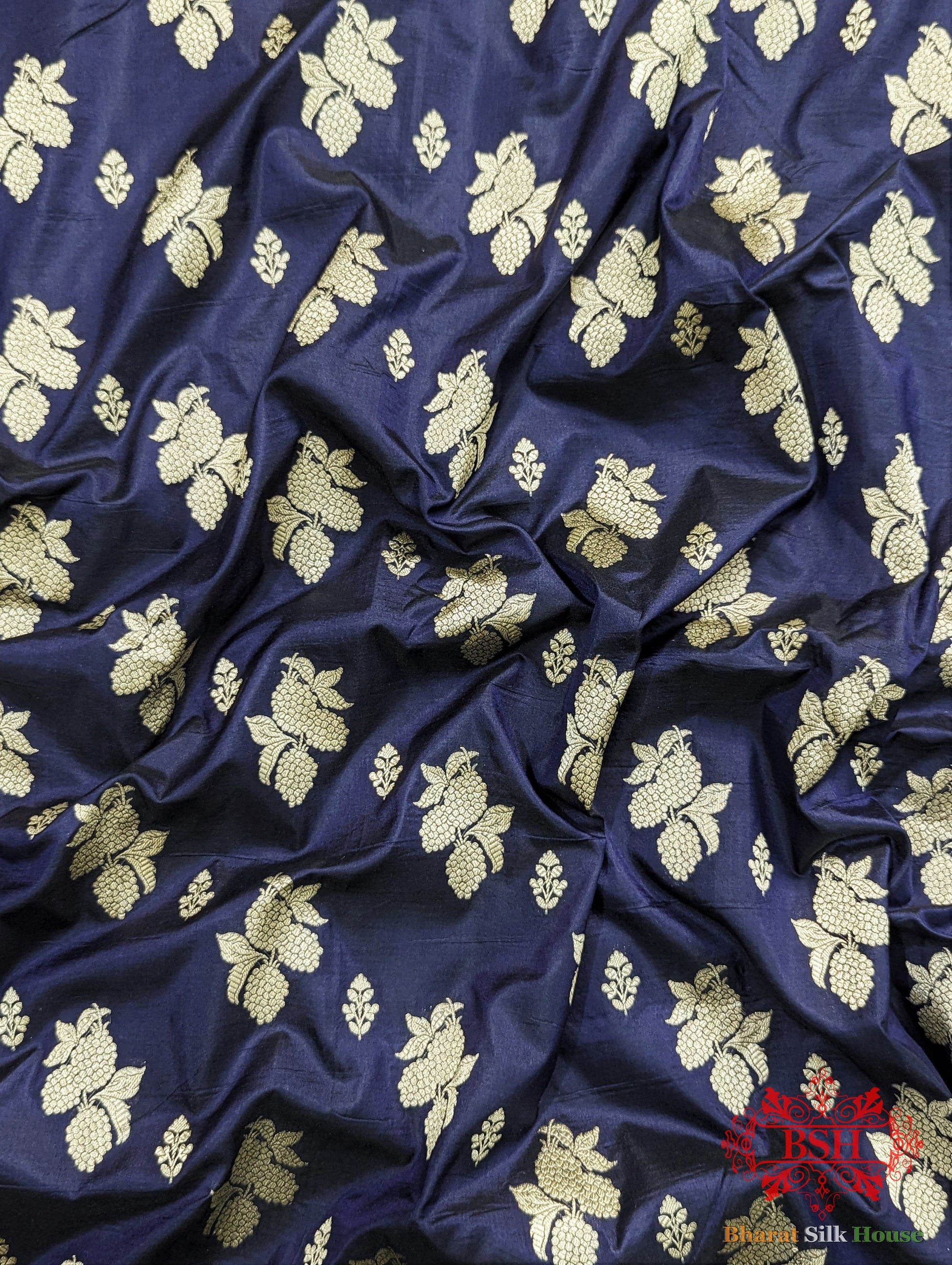 Handloom Banarasi Pure Katan Silk Saree Floral Booti In Shades Of Navy Blue Pure Kataan Silk Bharat Silk House