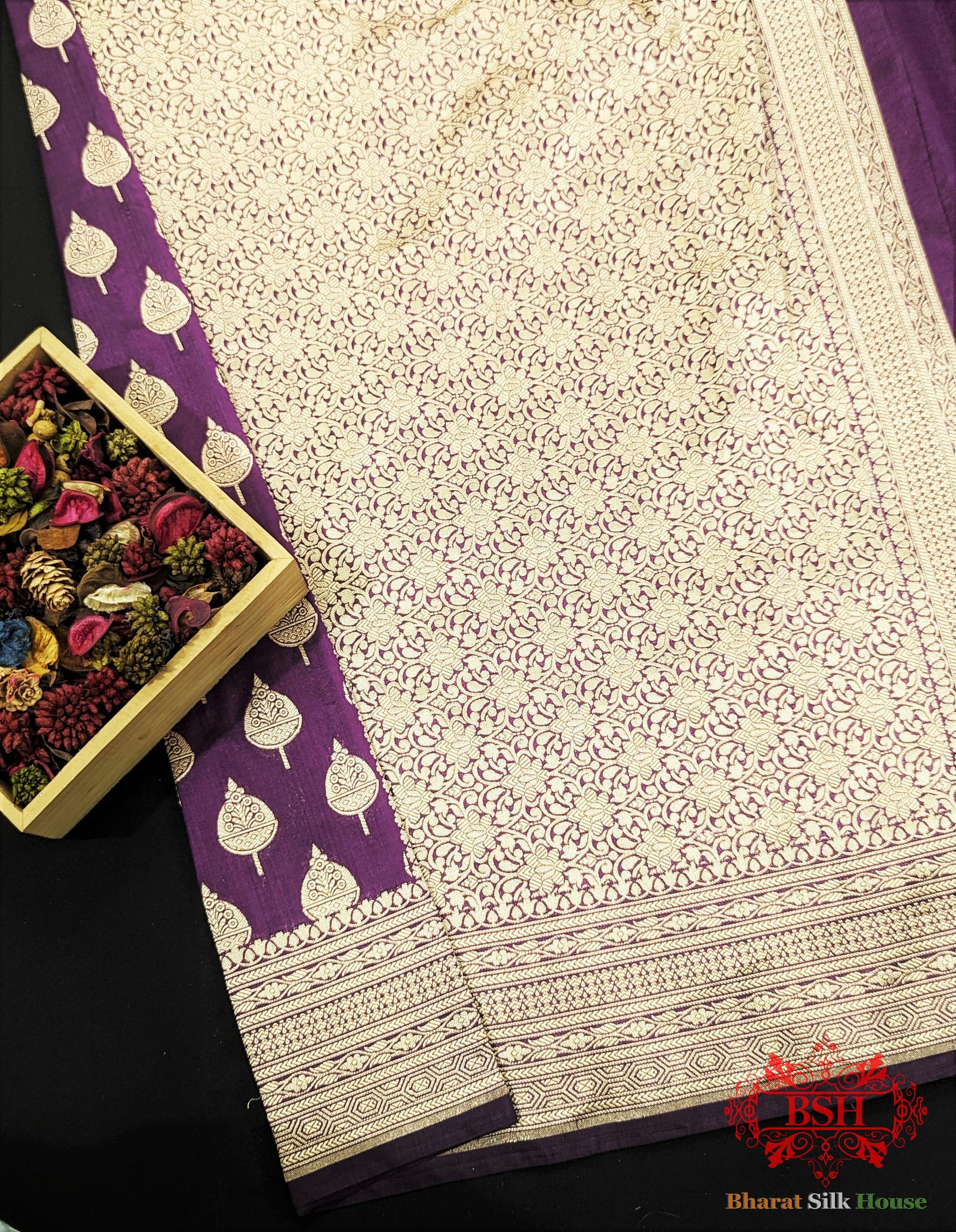 Handloom Banarasi Pure Katan Silk Saree Floral Booti In Shades Of Plum Pure Kataan Silk Bharat Silk House