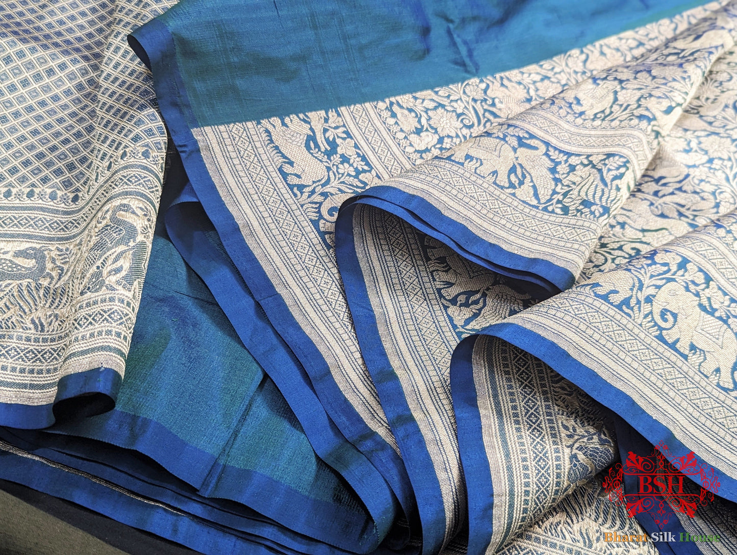 Handloom Banarasi Shikargah Katan Silk Saree In Shades Of Navy Blue Pure Kataan Silk Bharat Silk House