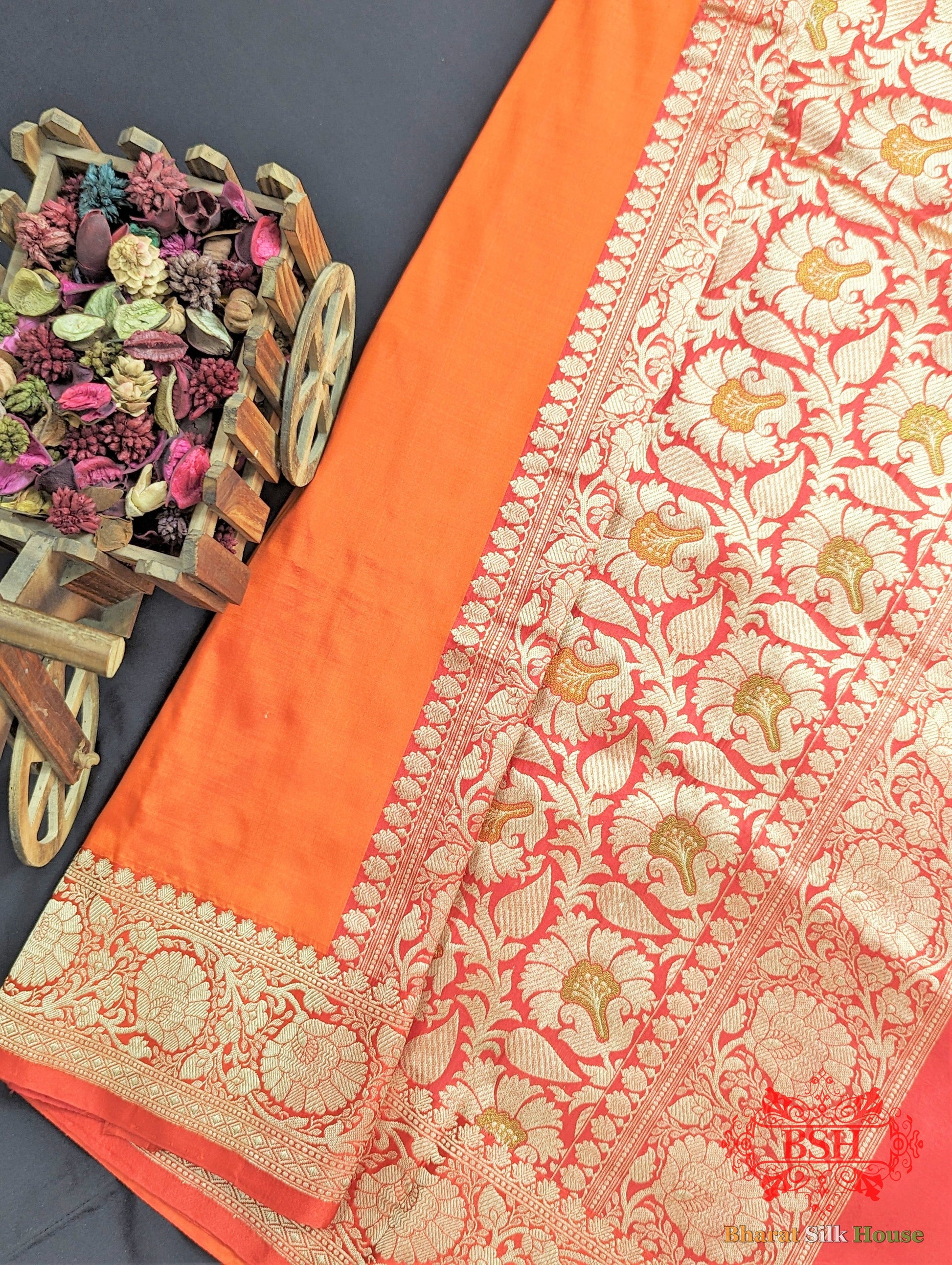 Neon Orange  Katan Silk Banarasi Handloom Saree Pure Kataan Silk Bharat Silk House