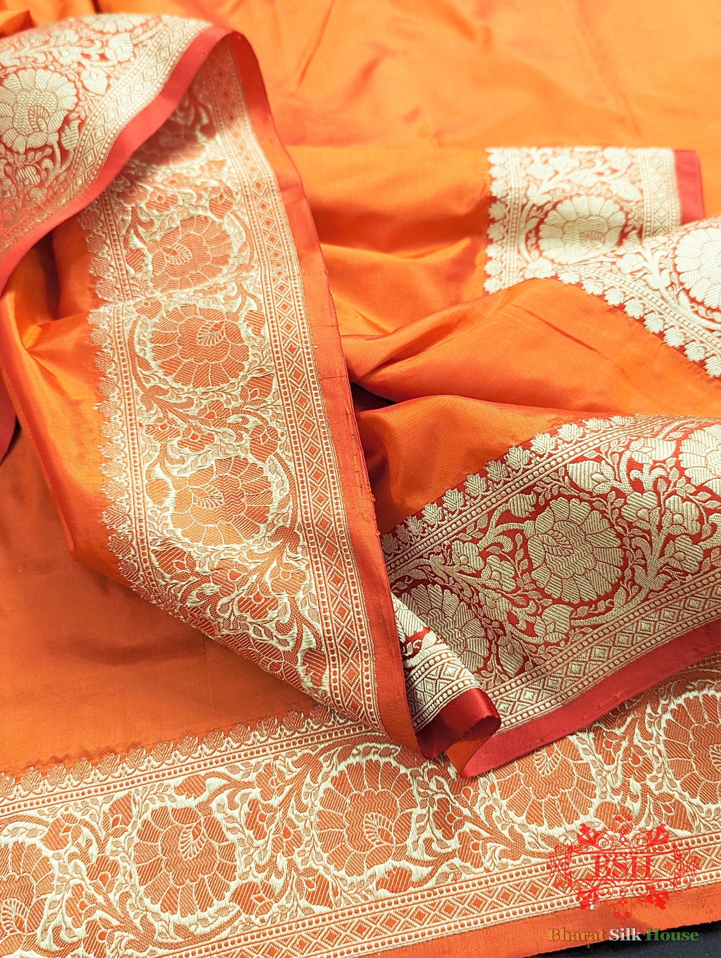 Neon Orange  Katan Silk Banarasi Handloom Saree Pure Kataan Silk Bharat Silk House