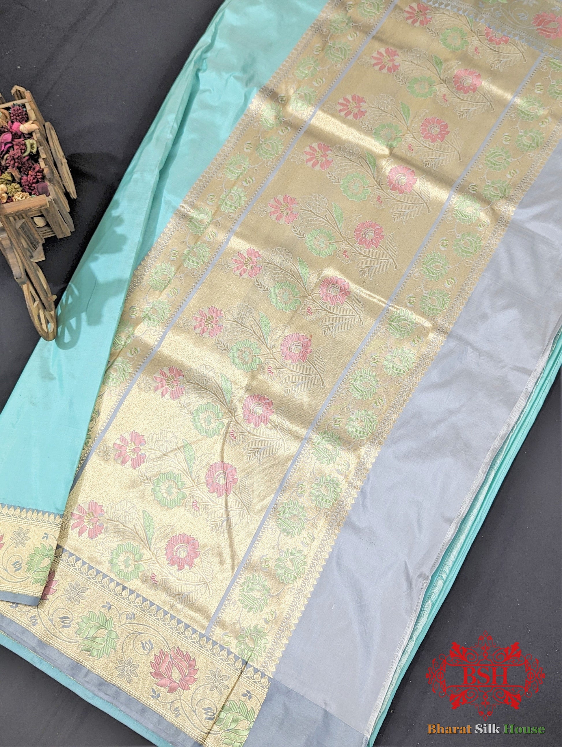 Powder Blue Pure Katan Silk Banarasi Saree Pure Kataan Silk Bharat Silk House