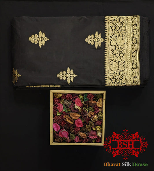 Pure Banarasi  Handloom Katan Silk  Antique  Zari Saree In Shades Of Black Pure Kataan Silk Bharat Silk House